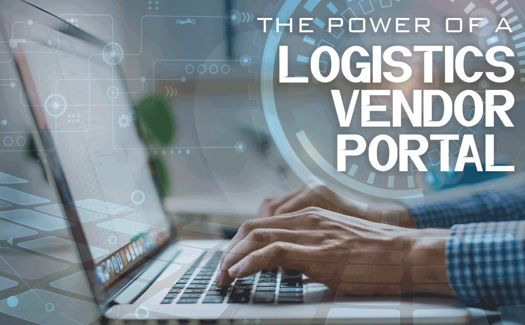 logistics vendor portal graphic with picture of hands typing on a silver laptop.