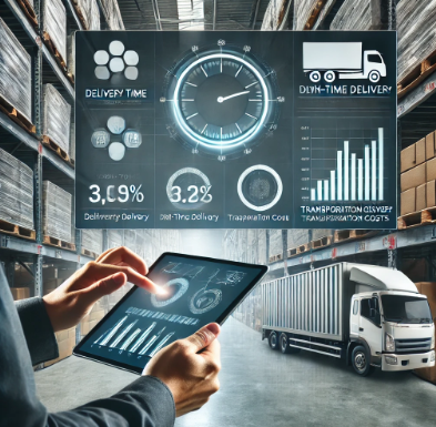 A person in a warehouse uses a tablet to view logistics data, learning how to monitor and report logistics performance through delivery time, costs, and graphs. A large truck is parked nearby, and digital screens display various metrics and charts.