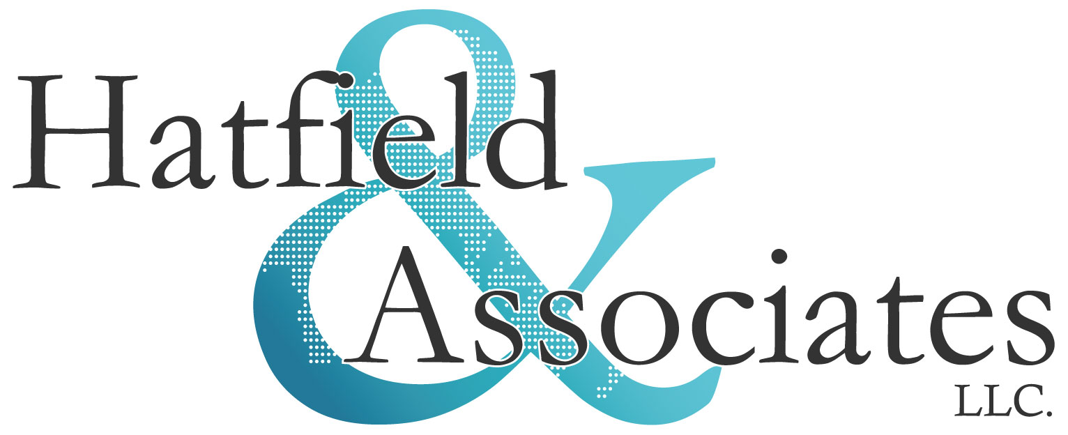 Logo of Hatfield & Associates LLC with a stylized ampersand featuring a halftone pattern and gradient in teal. The text is in a classic serif font.