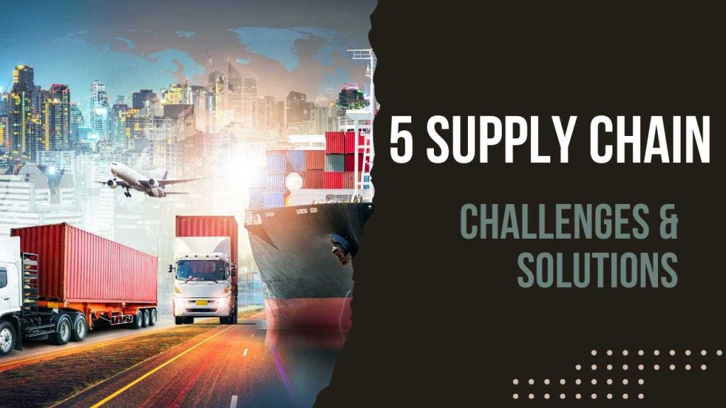 The image depicts a bustling cityscape featuring buildings, a cargo ship, airplane, truck, and shipping containers. Text reads "5 Supply Chain Challenges & Solutions," highlighting the core supply chain challenges faced by modern logistics and potential ways to overcome them.