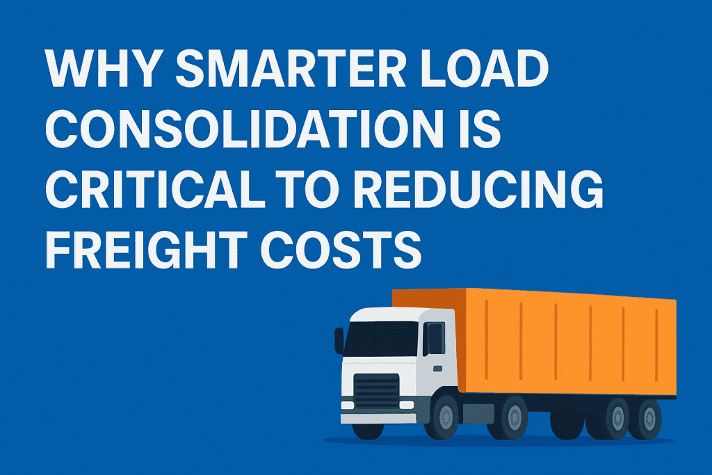 Illustration of an orange and white freight truck on a blue background, with the text: "Why smarter load consolidation is critical to reducing freight costs.