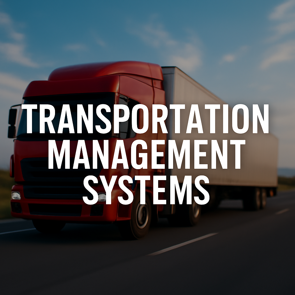A red semi-truck drives on a highway under a blue sky with clouds. Bold white text in the center asks, "WHAT IS A TRANSPORTATION MANAGEMENT SYSTEM?.