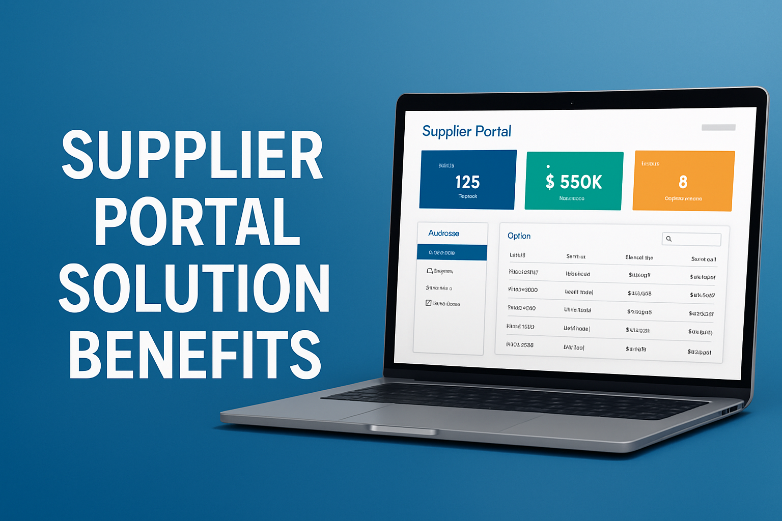 A laptop displays a supplier portal solution dashboard with stats on tasks, revenue, and opportunities. Large text on the left reads “SUPPLIER PORTAL SOLUTION BENEFITS” against a blue background.