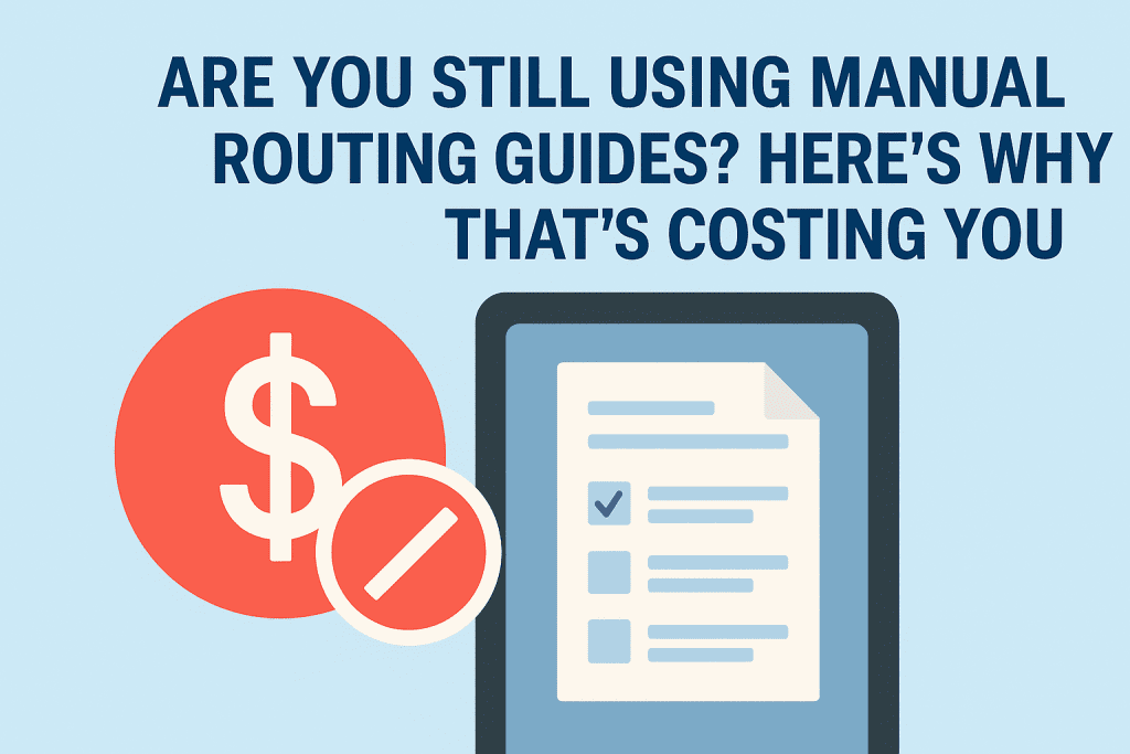 An illustration shows a tablet with a checklist, red dollar sign, and red "not allowed" symbol, alongside the text: "Are you still using a manual routing guide? Here's why that's costing you.