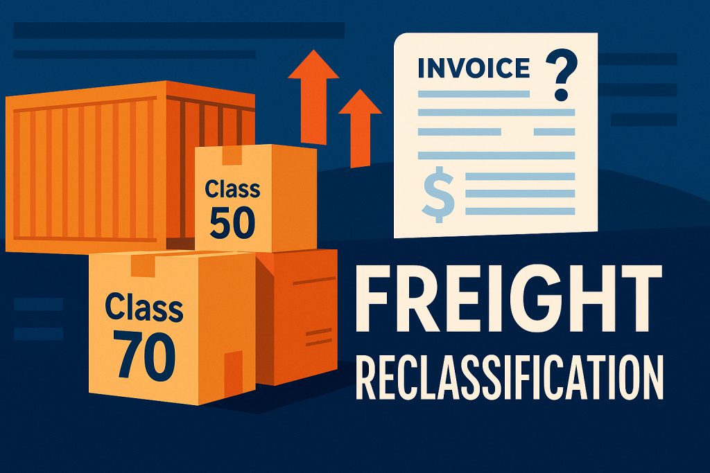 Illustration of shipping boxes labeled "Class 50" and "Class 70" beside a large freight container, with upward arrows and an invoice. Text reads "FREIGHT RECLASSIFICATION—see how your freight reclassified impacts costs.