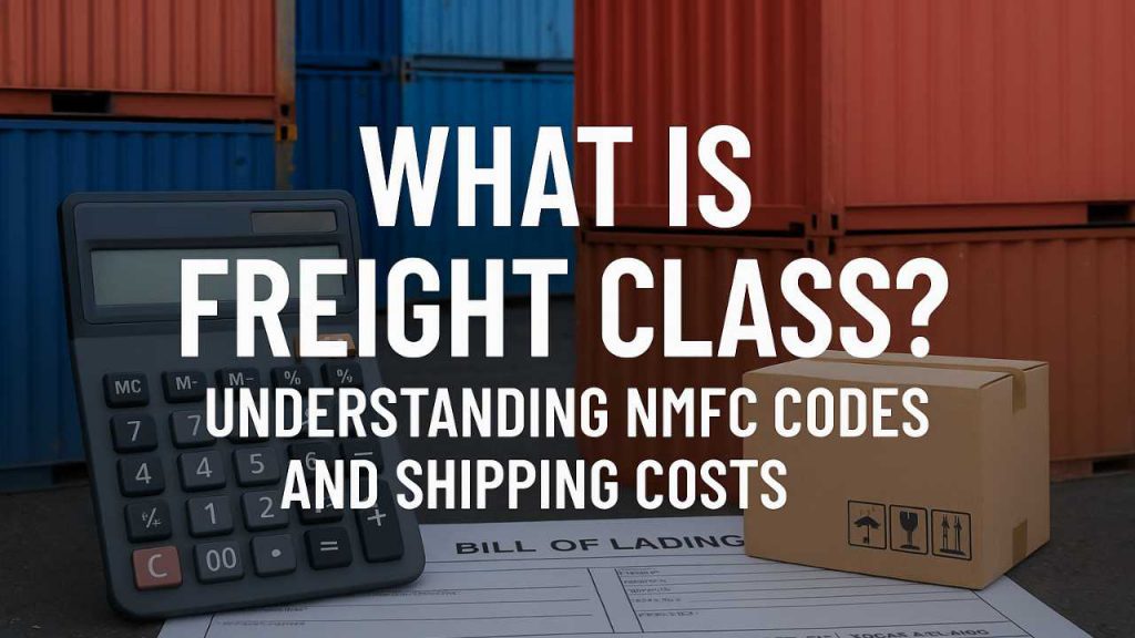 A calculator, cardboard box, and bill of lading paper sit before stacked shipping containers. Text reads: “What is Freight Class? Understanding what is freight class, NMFC Codes, and Shipping Costs.”.