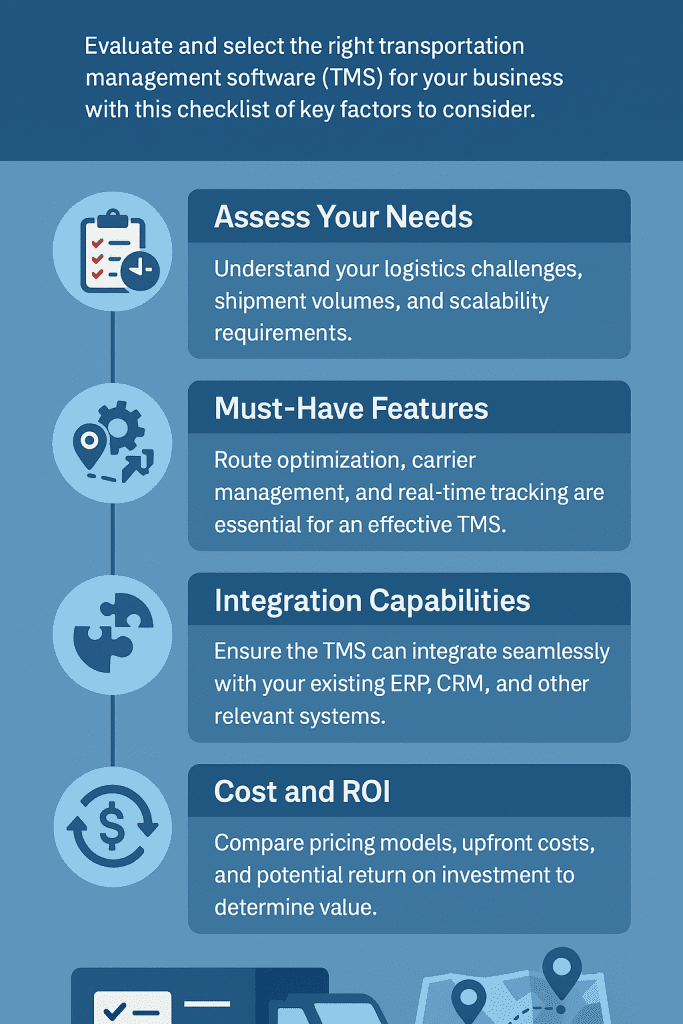 Infographic with four checklist items for choosing transportation management software: assess your needs, must-have features, integration capabilities, and cost/ROI. Each item includes a short description and relevant icon.