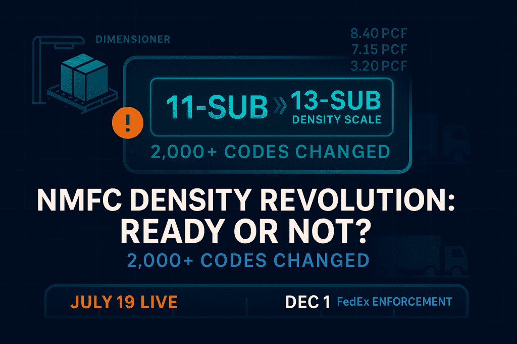 Infographic about NMFC density changes: the freight classification system scale shifts from 11-SUB to 13-SUB, affecting over 2,000 codes. Key dates include July 19 (live) and December 1 (FedEx enforcement). Density measures in PCF are listed.
