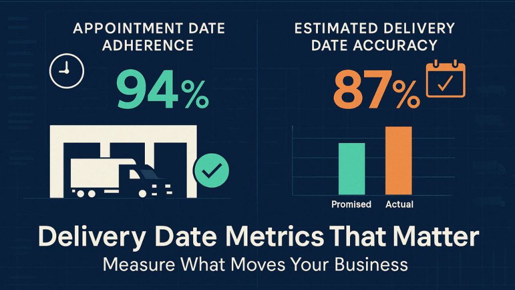 Infographic highlighting delivery date metrics: appointment date adherence at 94% with a truck icon, and estimated delivery date accuracy at 87% with a calendar icon and bar chart. Text: "Delivery Date Metrics That Matter.