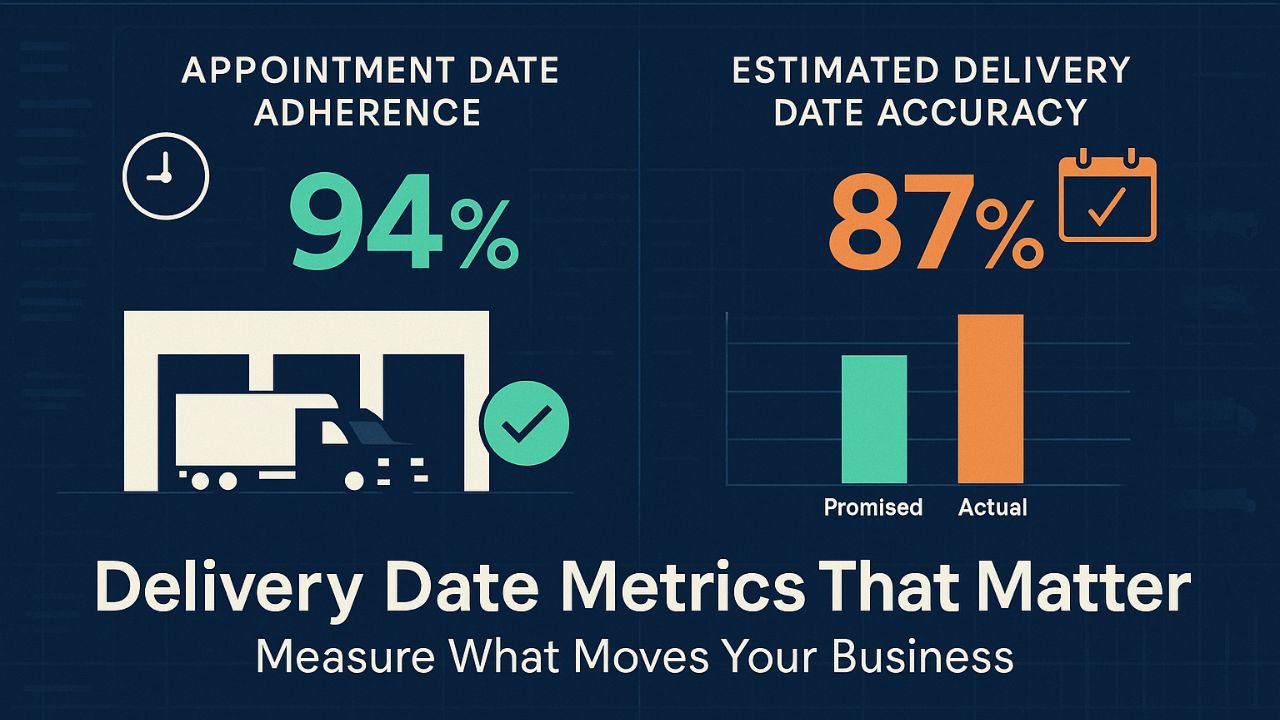 Infographic highlighting delivery date metrics: appointment date adherence at 94% with a truck icon, and estimated delivery date accuracy at 87% with a calendar icon and bar chart. Text: "Delivery Date Metrics That Matter.