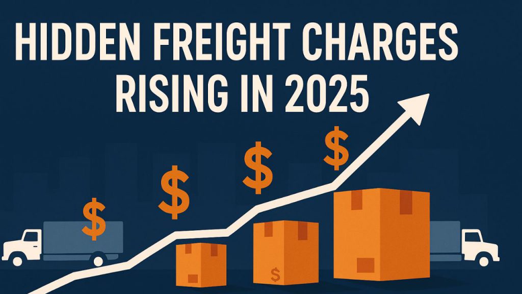 Illustration of trucks and packages with dollar signs and an upward arrow, with the text "Hidden Freight Charges Rising in 2025," highlighting increasing shipping costs due to rising accessorial charges.