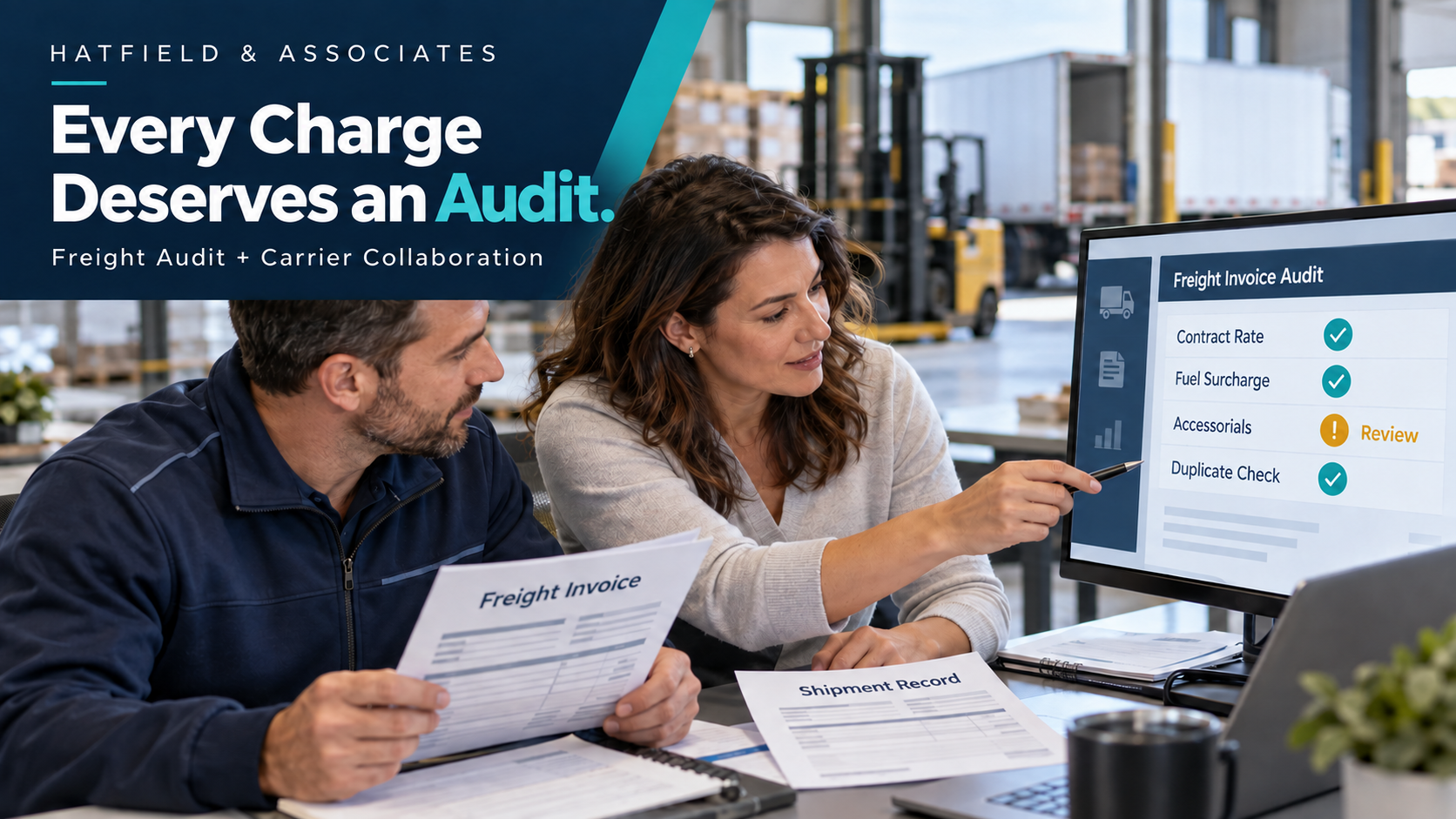 Hatfield & Associates freight audit and carrier collaboration illustration: Every Charge Deserves an Audit.
