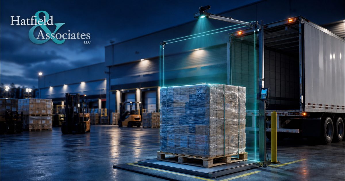 Palletized LTL freight being measured at a distribution terminal